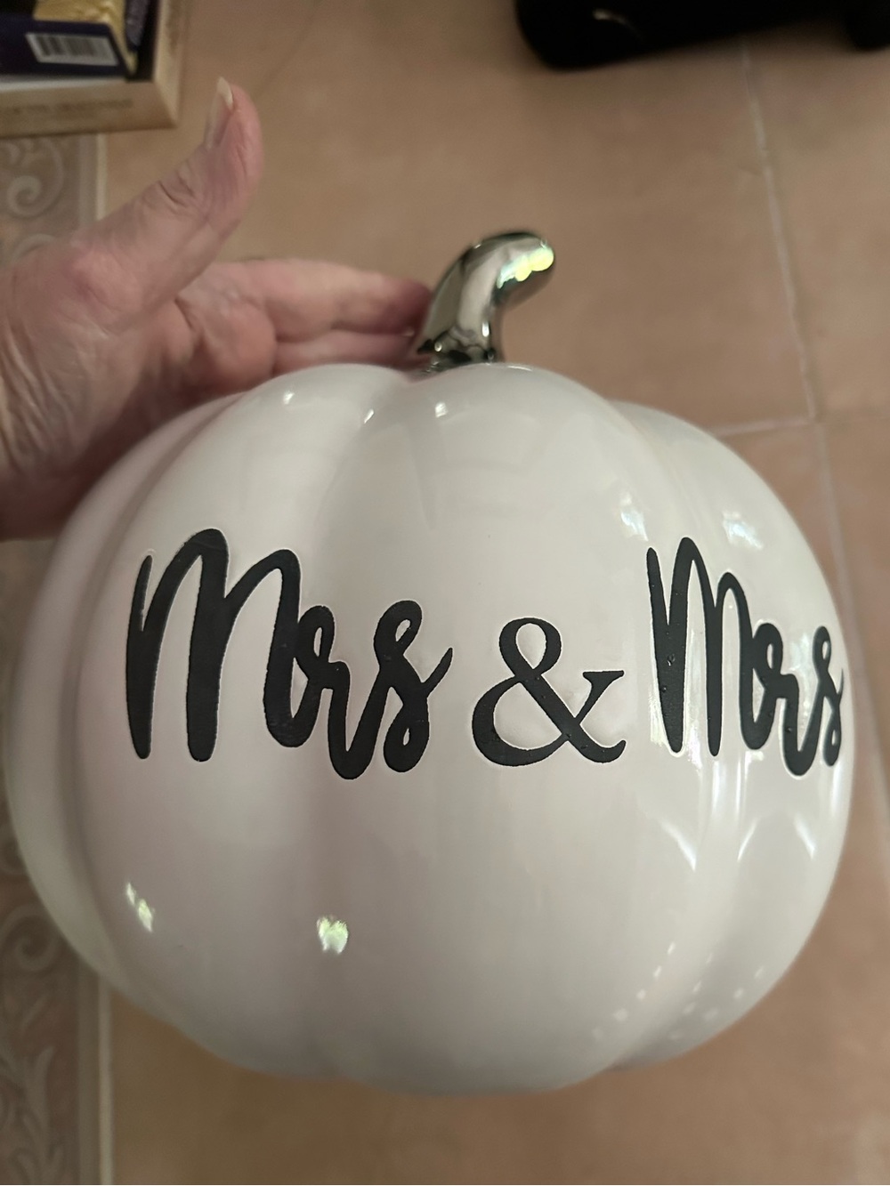 Ceramic "Mrs & Mrs" Decorative Pumpkin - White with Silver Stem -NEW